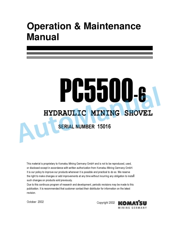 Komatsu PC5500-6 Hydraulic Mining Shovel Operation and Maintenance Manual OMPC550015016