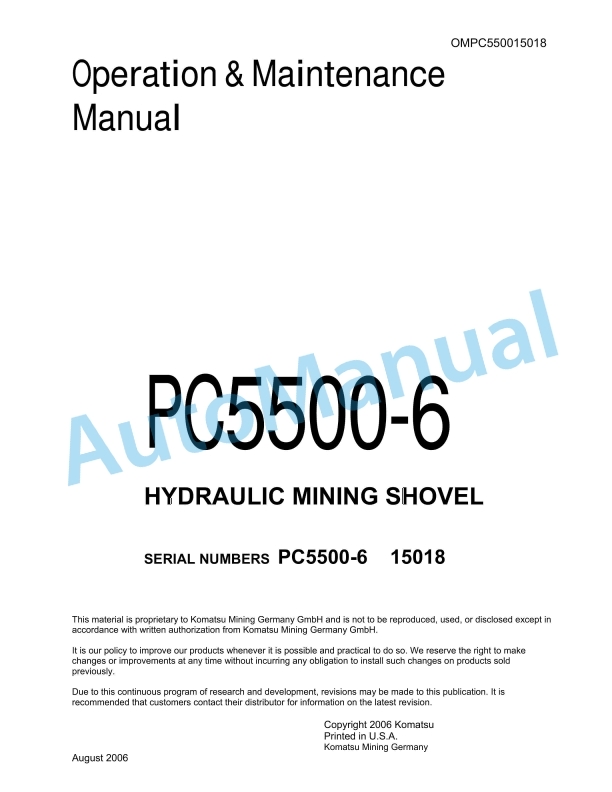 Komatsu PC5500-6 Hydraulic Mining Shovel Operation and Maintenance Manual OMPC550015018