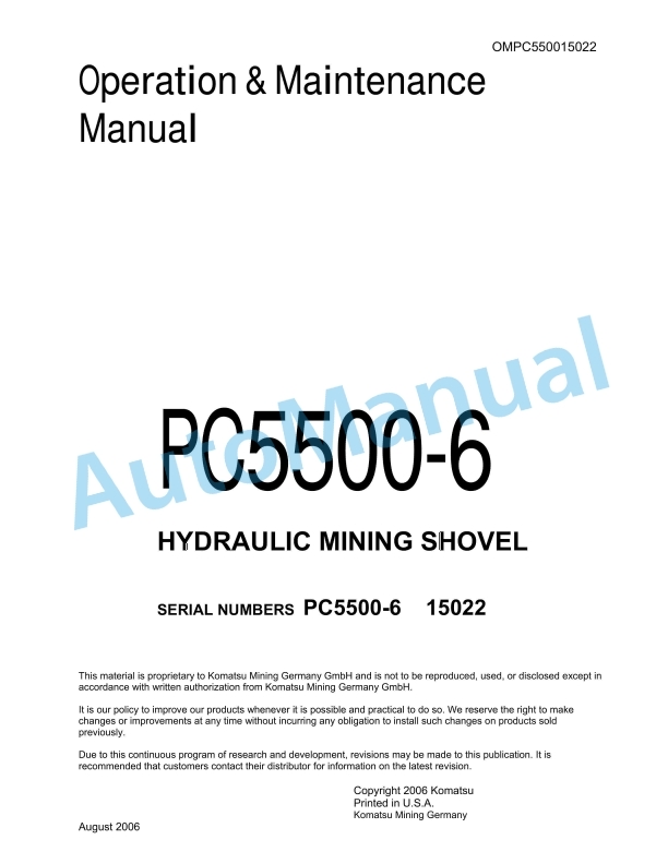 Komatsu PC5500-6 Hydraulic Mining Shovel Operation and Maintenance Manual OMPC550015022