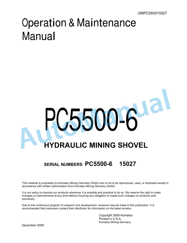 Komatsu PC5500-6 Hydraulic Mining Shovel Operation and Maintenance Manual OMPC550015027D