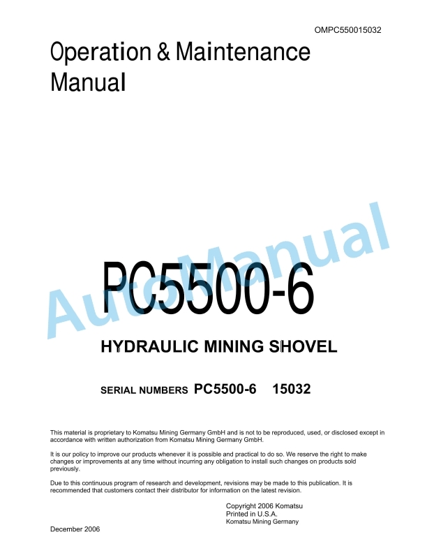 Komatsu PC5500-6 Hydraulic Mining Shovel Operation and Maintenance Manual OMPC550015032D