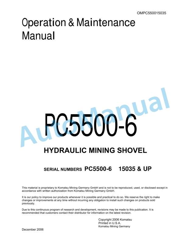 Komatsu PC5500-6 Hydraulic Mining Shovel Operation and Maintenance Manual OMPC550015035D