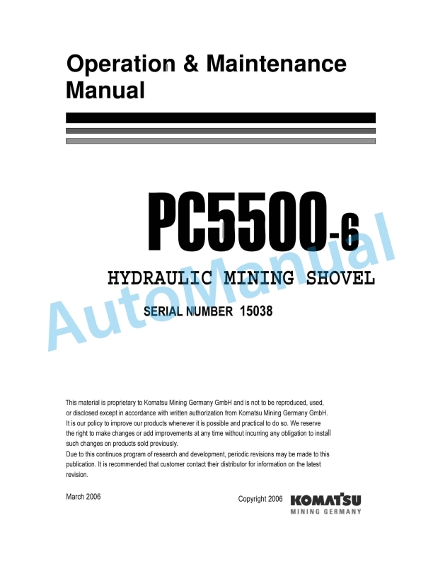 Komatsu PC5500-6 Hydraulic Mining Shovel Operation and Maintenance Manual OMPC550015038