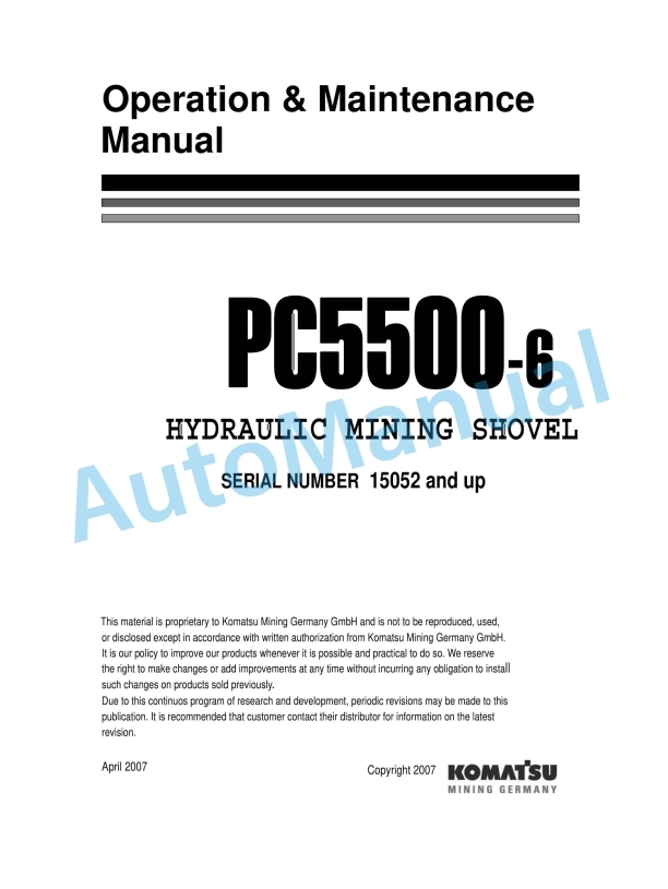 Komatsu PC5500-6 Hydraulic Mining Shovel Operation and Maintenance Manual OMPC550015052