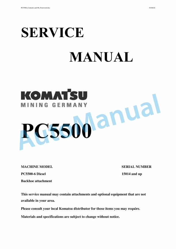 Komatsu PC5500-6 Hydraulic Mining Shovel Service Manual SMPC550015014