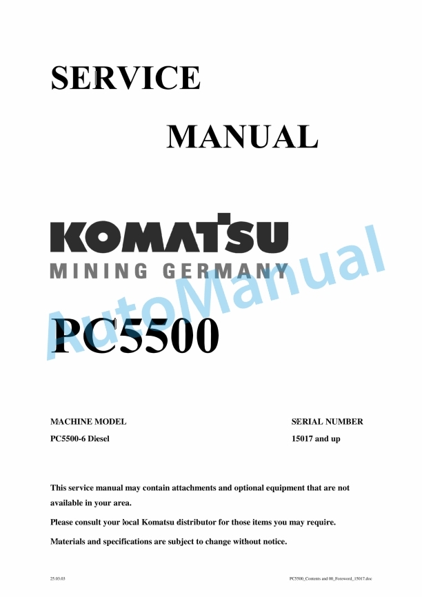 Komatsu PC5500-6 Hydraulic Mining Shovel Service Manual SMPC550015017