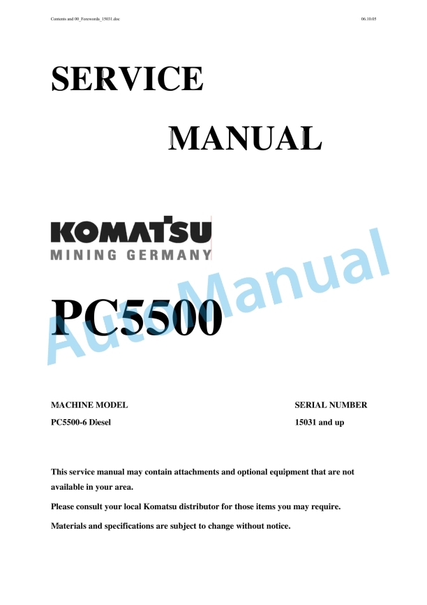 Komatsu PC5500-6 Hydraulic Mining Shovel Service Manual SMPC550015031