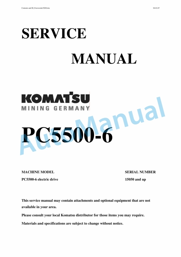 Komatsu PC5500-6 Hydraulic Mining Shovel Service Manual SMPC550015050