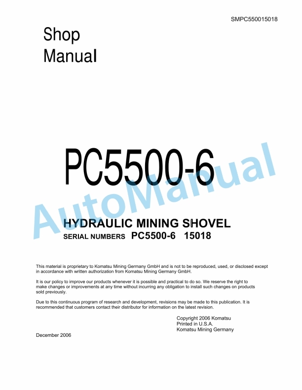 Komatsu PC5500-6 Hydraulic Mining Shovel Shop Manual SMPC550015018