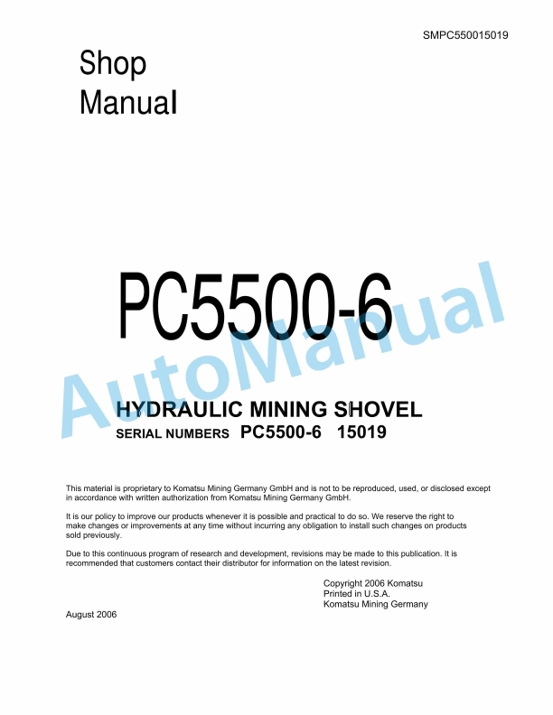 Komatsu PC5500-6 Hydraulic Mining Shovel Shop Manual SMPC550015019