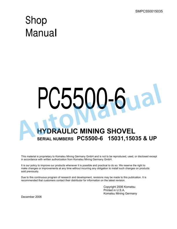 Komatsu PC5500-6 Hydraulic Mining Shovel Shop Manual SMPC550015035