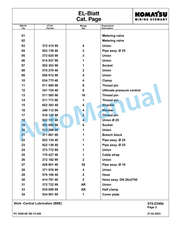 Komatsu PC5500-6E Hydraulic Excavator Parts Manual G15028-2
