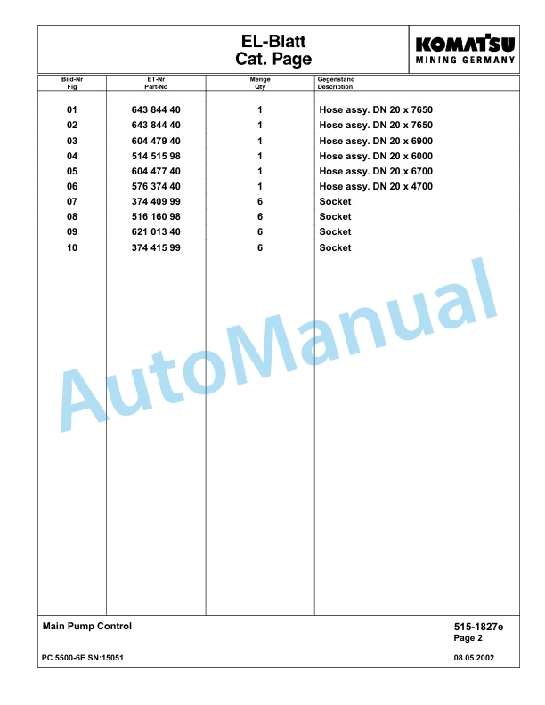 Komatsu PC5500-6E Hydraulic Excavator Parts Manual G15051-2