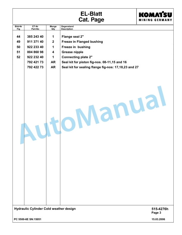 Komatsu PC5500-6E Hydraulic Excavator Parts Manual G15051-3