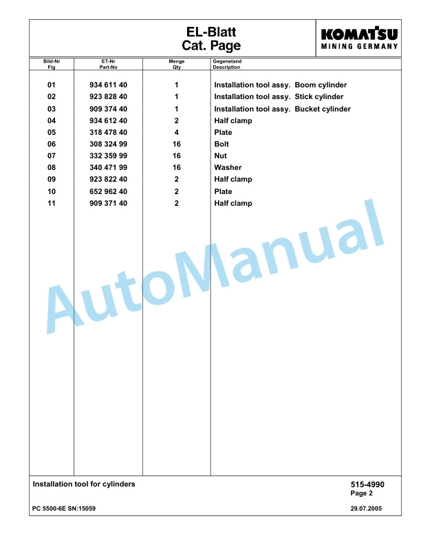 Komatsu PC5500-6E Hydraulic Excavator Parts Manual G15059-3