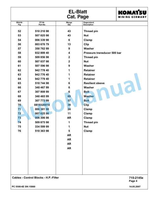 Komatsu PC5500-6E Hydraulic Excavator Parts Manual G15060-4