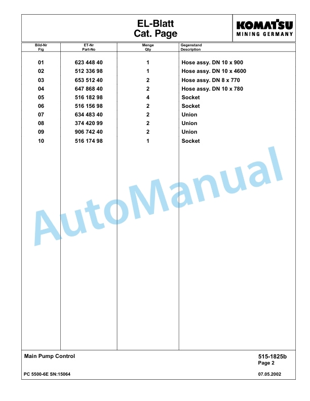 Komatsu PC5500-6E Hydraulic Excavator Parts Manual G15064-2