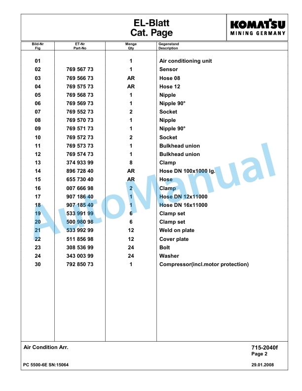 Komatsu PC5500-6E Hydraulic Excavator Parts Manual G15064-4