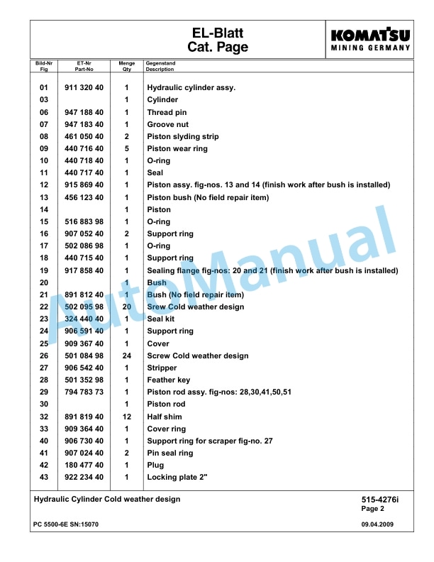 Komatsu PC5500-6E Hydraulic Excavator Parts Manual G15070-3