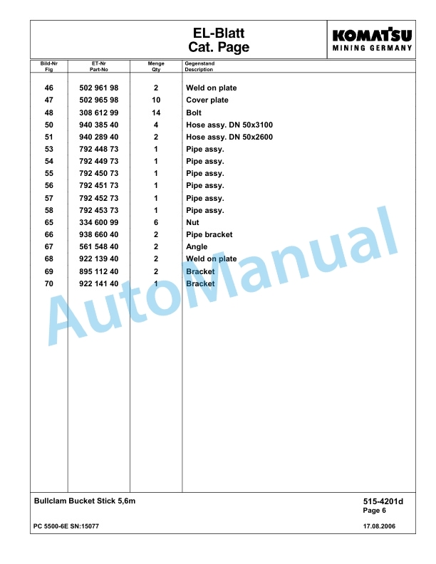 Komatsu PC5500-6E Hydraulic Excavator Parts Manual G15077-3