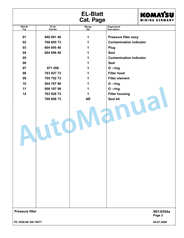 Komatsu PC5500-6E Hydraulic Excavator Parts Manual G15077-5