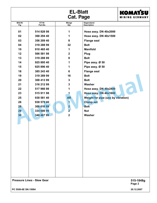 Komatsu PC5500-6E Hydraulic Excavator Parts Manual G15084-2