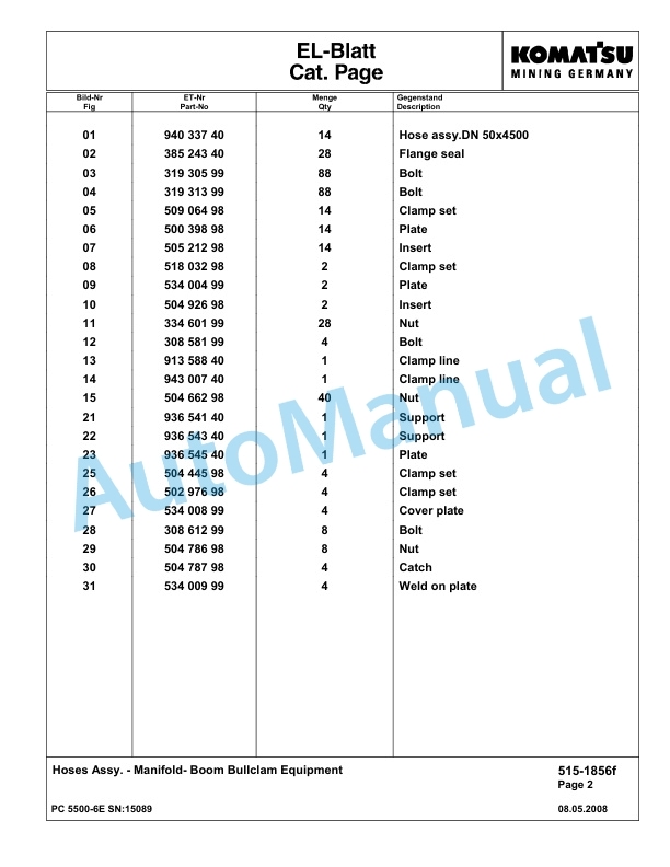 Komatsu PC5500-6E Hydraulic Excavator Parts Manual G15089-2