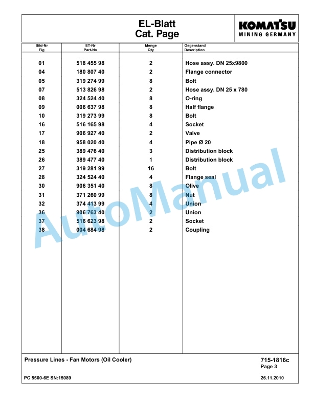 Komatsu PC5500-6E Hydraulic Excavator Parts Manual G15089-3
