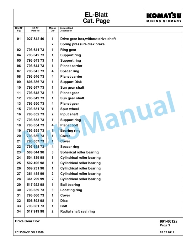Komatsu PC5500-6E Hydraulic Excavator Parts Manual G15089-5