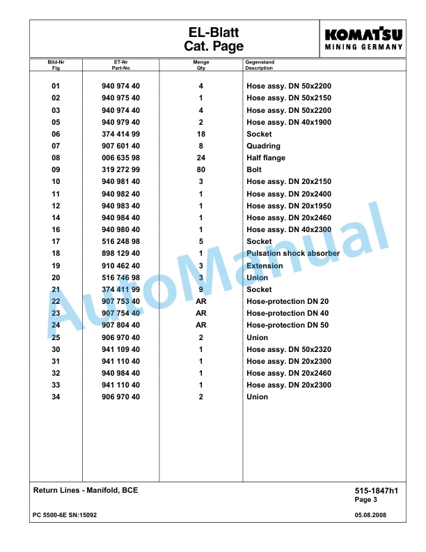 Komatsu PC5500-6E Hydraulic Excavator Parts Manual G15092-2