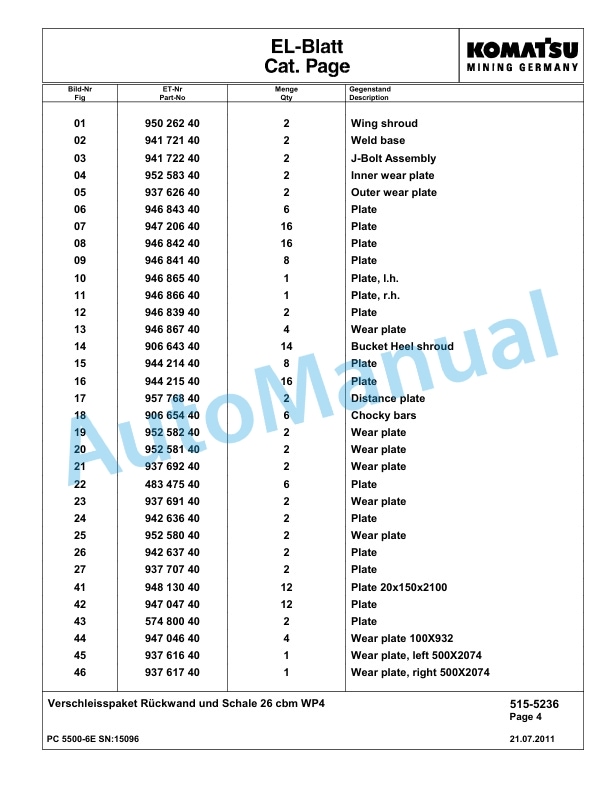 Komatsu PC5500-6E Hydraulic Excavator Parts Manual G15096-3