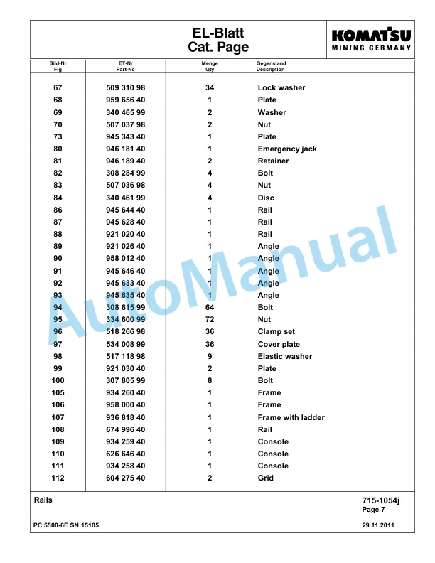 Komatsu PC5500-6E Hydraulic Excavator Parts Manual G15105-3