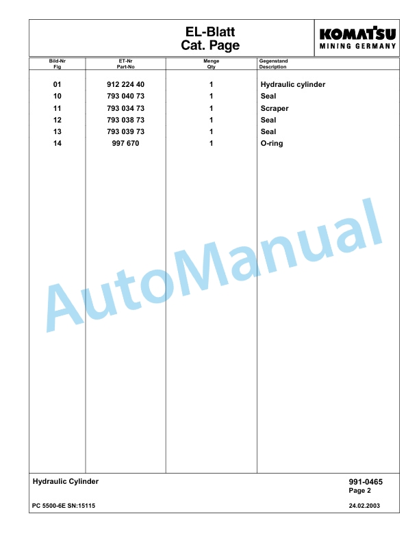 Komatsu PC5500-6E Hydraulic Excavator Parts Manual G15115-5
