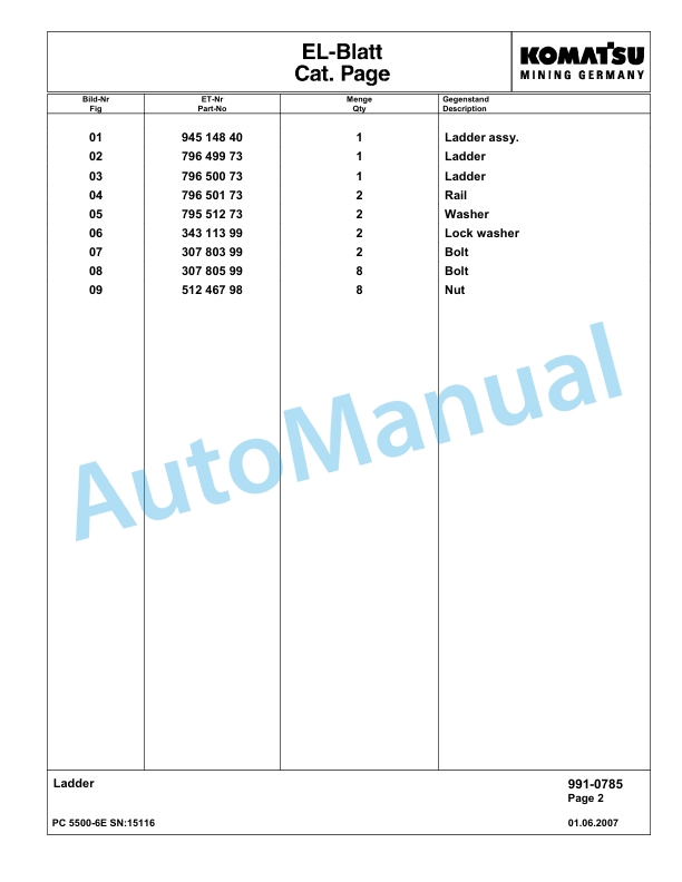 Komatsu PC5500-6E Hydraulic Excavator Parts Manual G15116-5