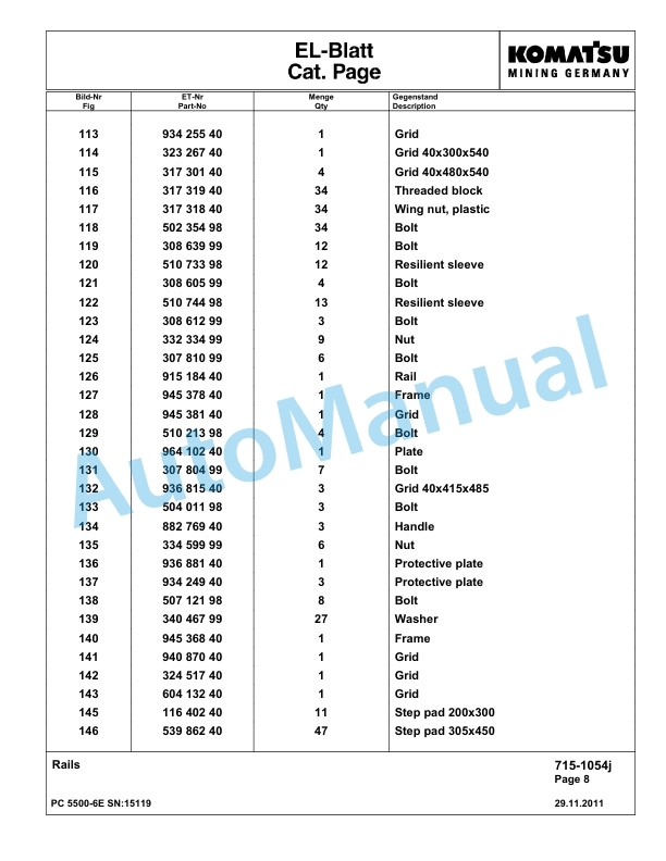 Komatsu PC5500-6E Hydraulic Excavator Parts Manual G15119-3