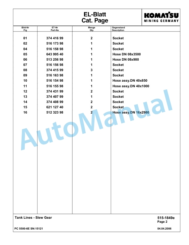 Komatsu PC5500-6E Hydraulic Excavator Parts Manual G15121-2