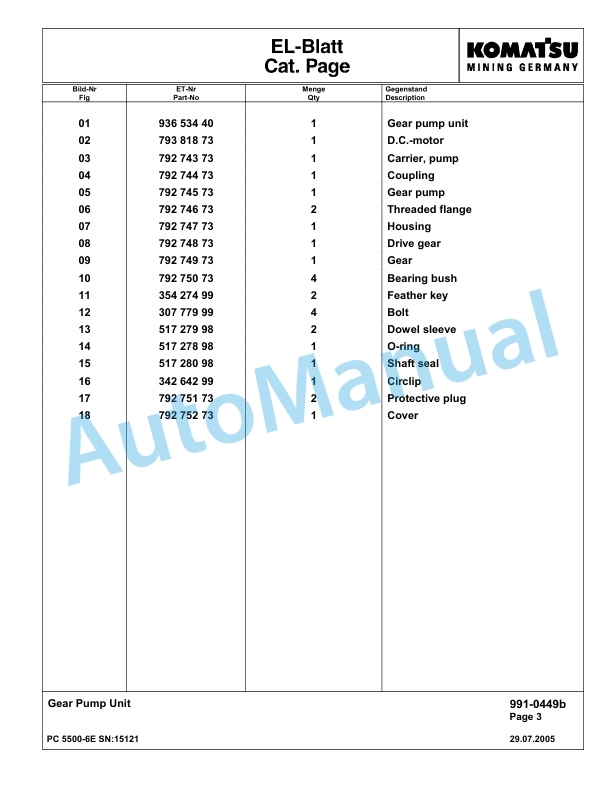 Komatsu PC5500-6E Hydraulic Excavator Parts Manual G15121-5