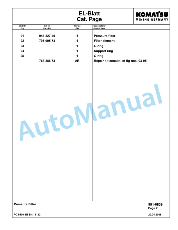 Komatsu PC5500-6E Hydraulic Excavator Parts Manual G15132-5