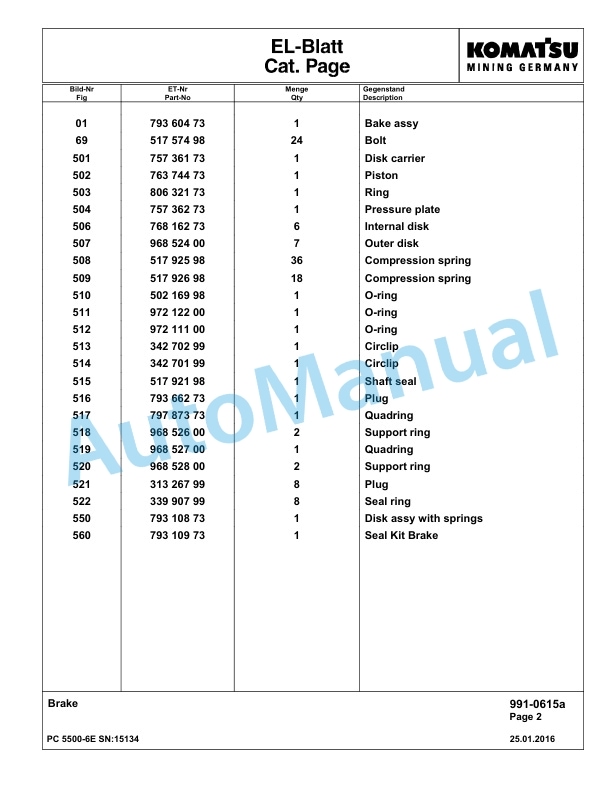 Komatsu PC5500-6E Hydraulic Excavator Parts Manual G15134-5