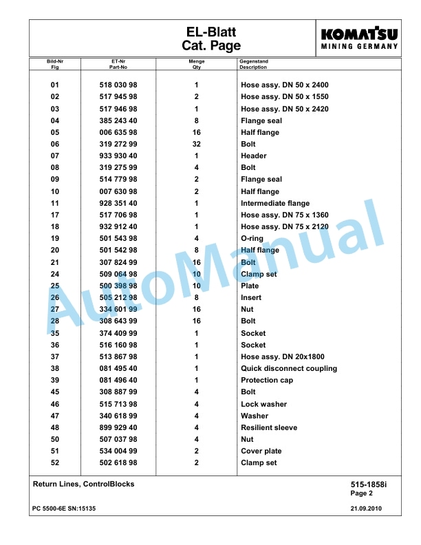 Komatsu PC5500-6E Hydraulic Excavator Parts Manual G15135-2
