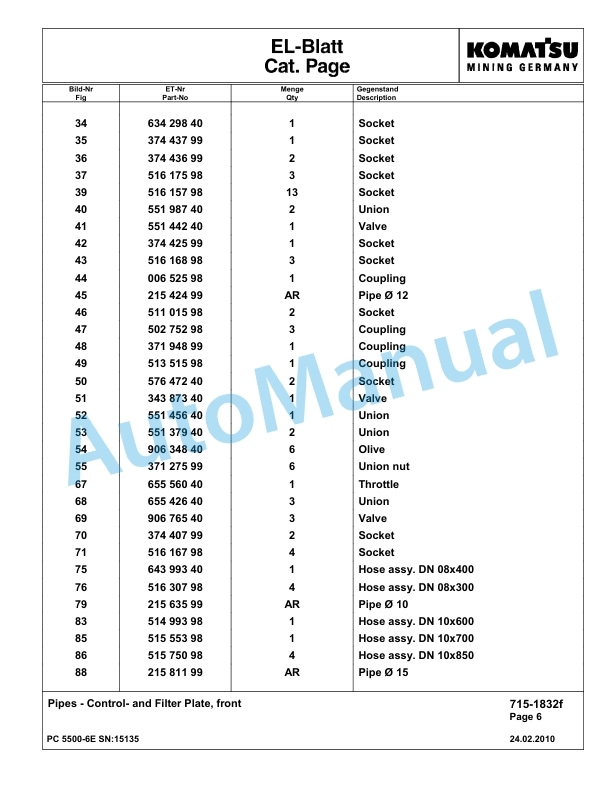 Komatsu PC5500-6E Hydraulic Excavator Parts Manual G15135-3