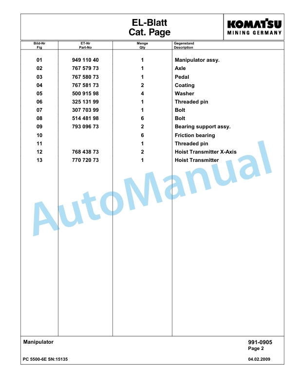 Komatsu PC5500-6E Hydraulic Excavator Parts Manual G15135-5