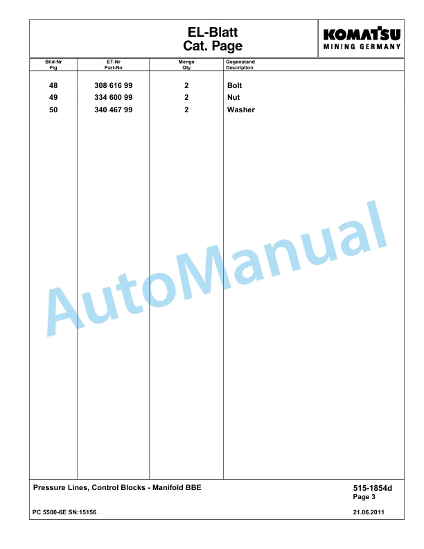 Komatsu PC5500-6E Hydraulic Excavator Parts Manual G15156-2