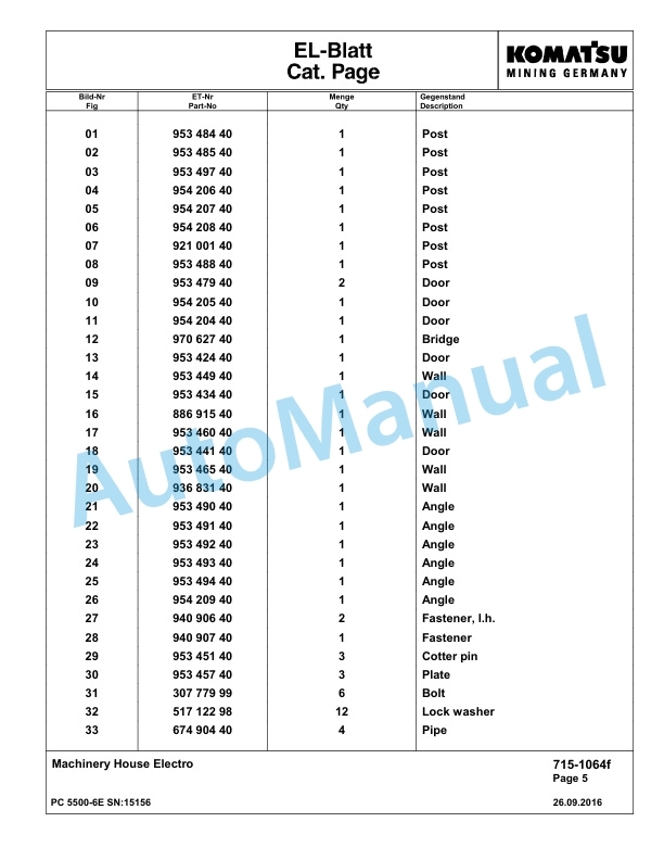 Komatsu PC5500-6E Hydraulic Excavator Parts Manual G15156-3