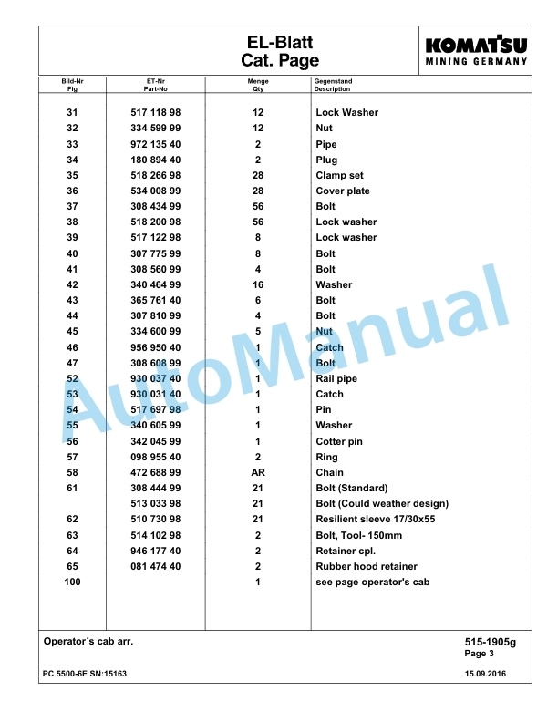 Komatsu PC5500-6E Hydraulic Excavator Parts Manual G15163-2