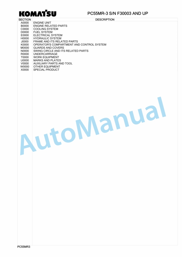 Komatsu PC55MR-3 Hydraulic Excavator Parts Manual F30003