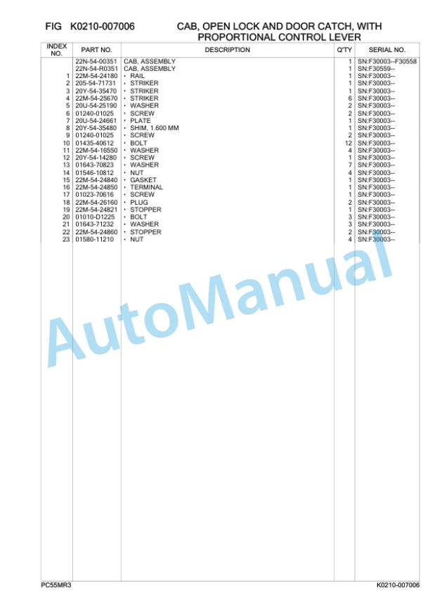 Komatsu PC55MR-3 Hydraulic Excavator Parts Manual F30003-4