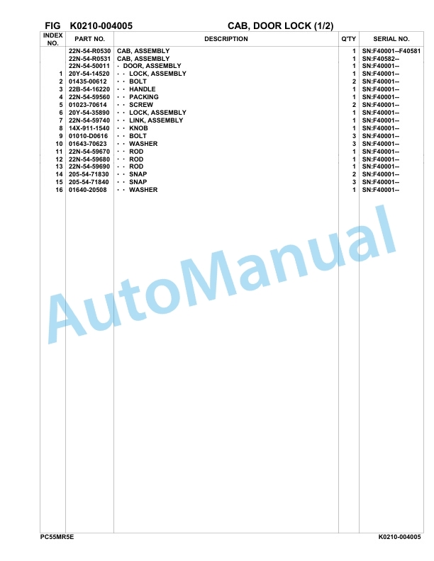 Komatsu PC55MR-5E0 Hydraulic Excavator Parts Manual F40001-UP-5