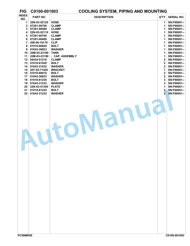 Komatsu PC58MR-5E0 Hydraulic Excavator Parts Manual F60001-UP-2