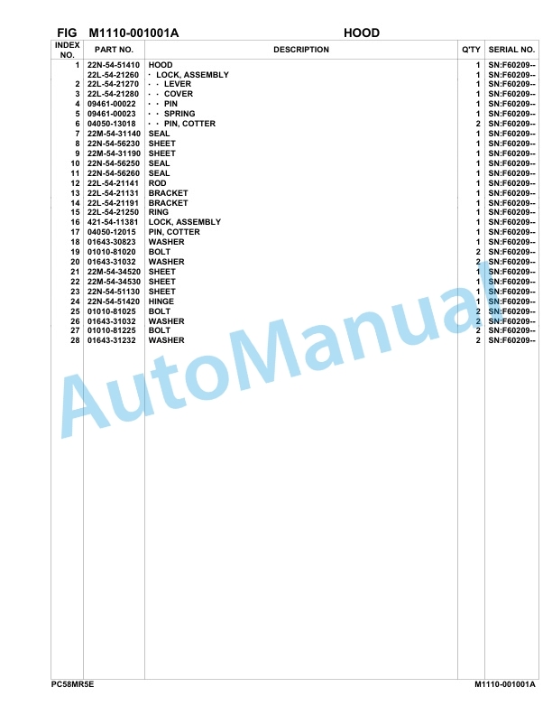 Komatsu PC58MR-5E0 Hydraulic Excavator Parts Manual F60001-UP-5